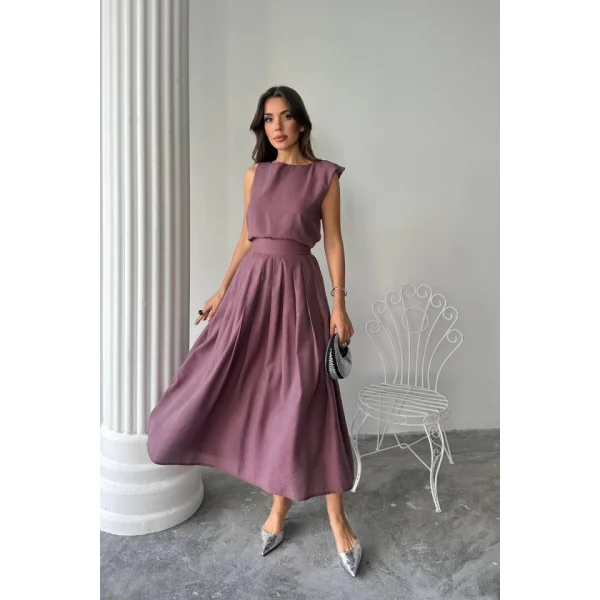 KETEN KOLSUZ BLUZ - MAXİ ETEK TAKIM - Mor