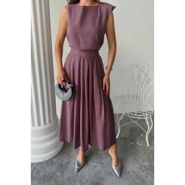 KETEN KOLSUZ BLUZ - MAXİ ETEK TAKIM - Mor