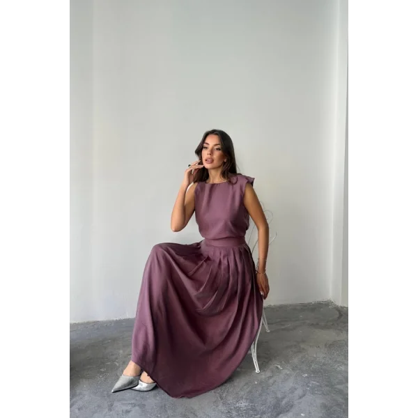 KETEN KOLSUZ BLUZ - MAXİ ETEK TAKIM - Mor