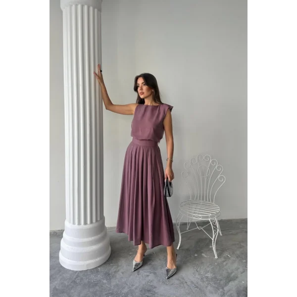KETEN KOLSUZ BLUZ - MAXİ ETEK TAKIM - Mor