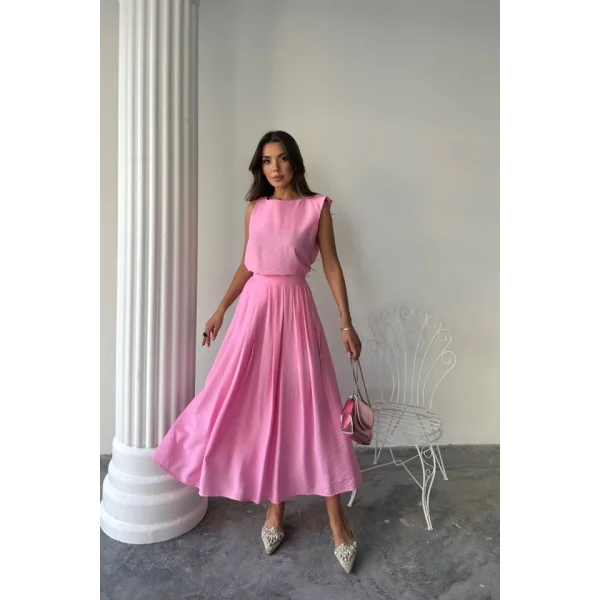 KETEN KOLSUZ BLUZ - MAXİ ETEK TAKIM - Pembe