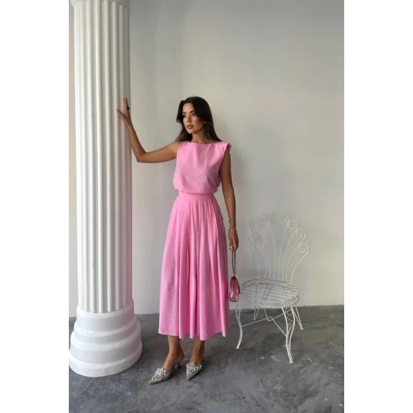 KETEN KOLSUZ BLUZ - MAXİ ETEK TAKIM - Pembe