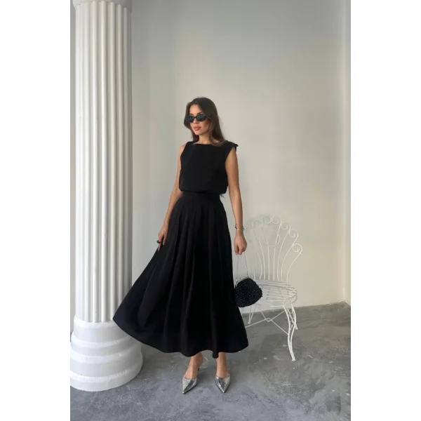 KETEN KOLSUZ BLUZ - MAXİ ETEK TAKIM - Siyah