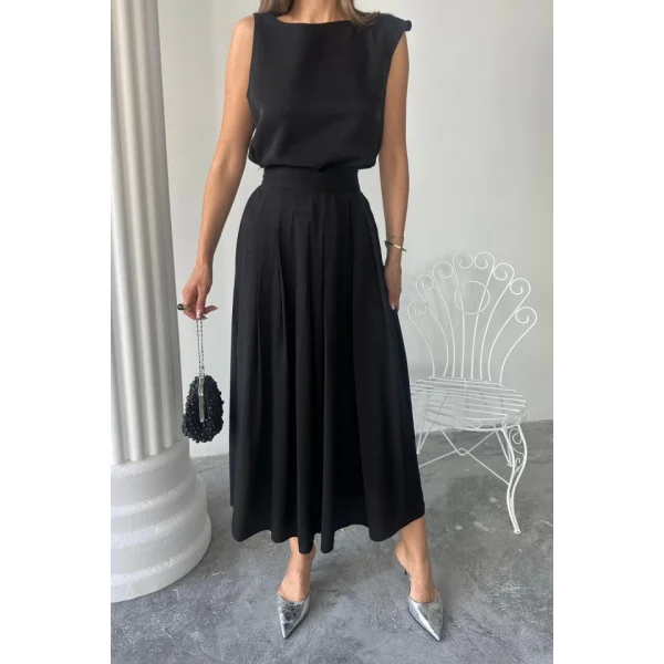 KETEN KOLSUZ BLUZ - MAXİ ETEK TAKIM - Siyah