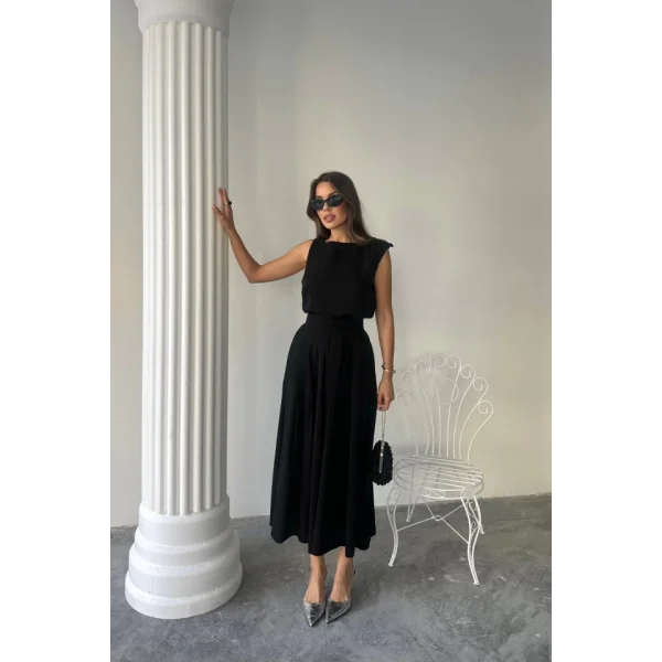 KETEN KOLSUZ BLUZ - MAXİ ETEK TAKIM - Siyah