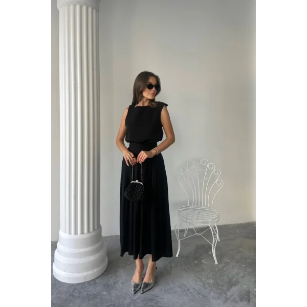 KETEN KOLSUZ BLUZ - MAXİ ETEK TAKIM - Siyah