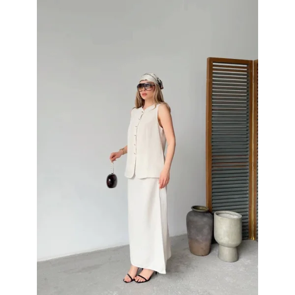 Keten Kolsuz Hırka Etek Ikili Takım- Beyaz