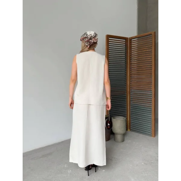 Keten Kolsuz Hırka Etek Ikili Takım- Beyaz