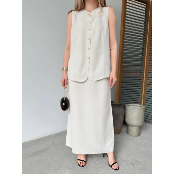 Keten Kolsuz Hırka Etek Ikili Takım- Beyaz