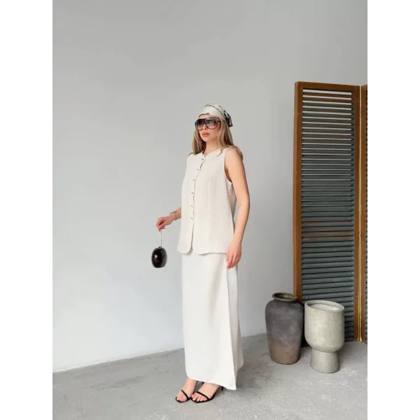 Keten Kolsuz Sıfır Yaka İlik Düğmeli Kolsuz Hırka Etek ikili Takım- Beyaz