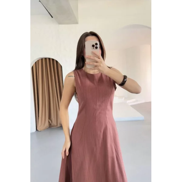 Keten Kolsuz Uzun Sırtı Kapalı Bisiklet Yaka Elbise - Gül Kurusu