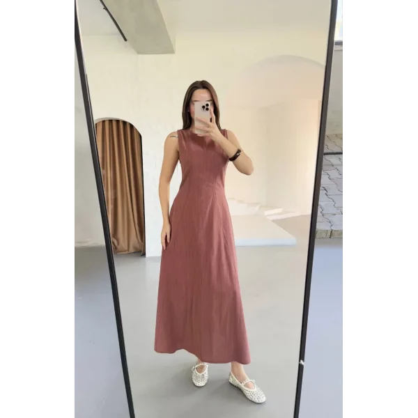 Keten Kolsuz Uzun Sırtı Kapalı Bisiklet Yaka Elbise - Gül Kurusu