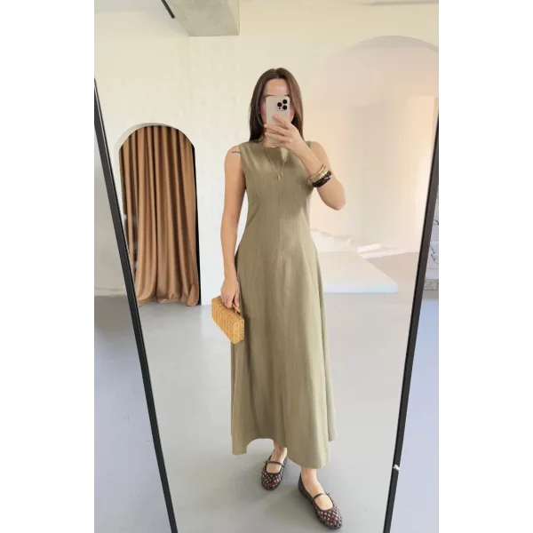 Keten Kolsuz Uzun Sırtı Kapalı Bisiklet Yaka Elbise - Haki