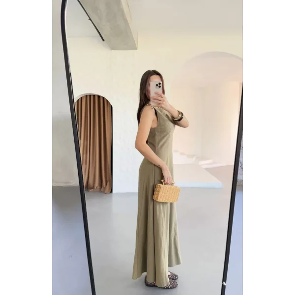 Keten Kolsuz Uzun Sırtı Kapalı Bisiklet Yaka Elbise - Haki