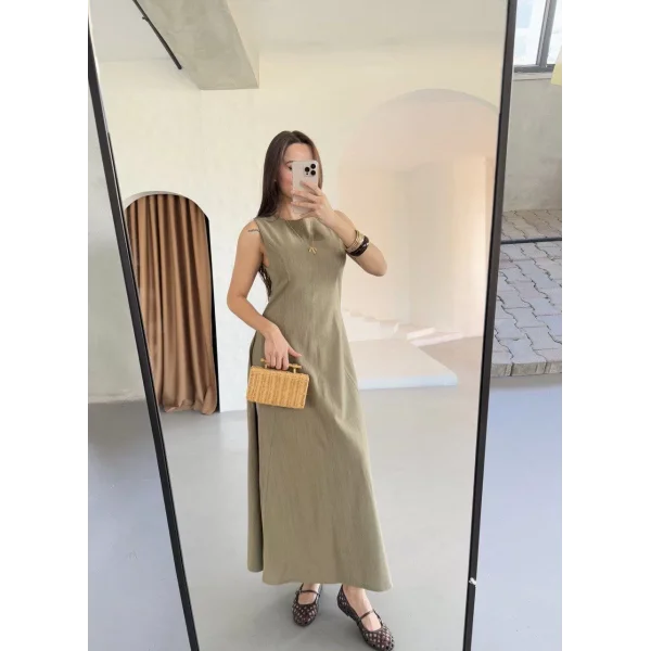 Keten Kolsuz Uzun Sırtı Kapalı Bisiklet Yaka Elbise - Haki