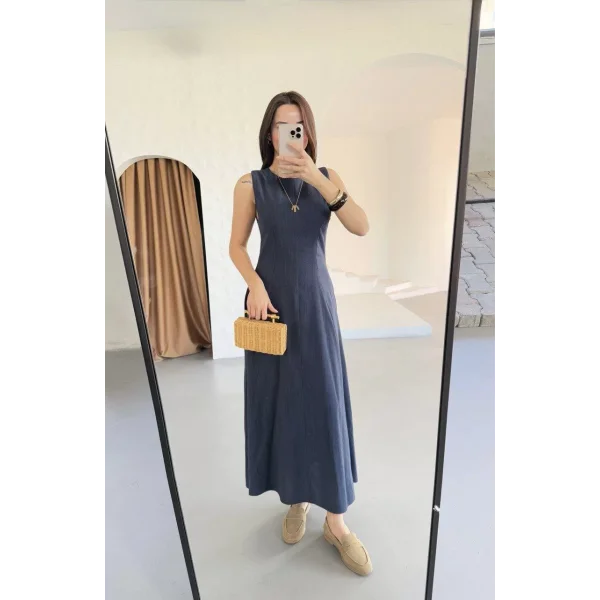 Keten Kolsuz Uzun Sırtı Kapalı Bisiklet Yaka Elbise- Mavi