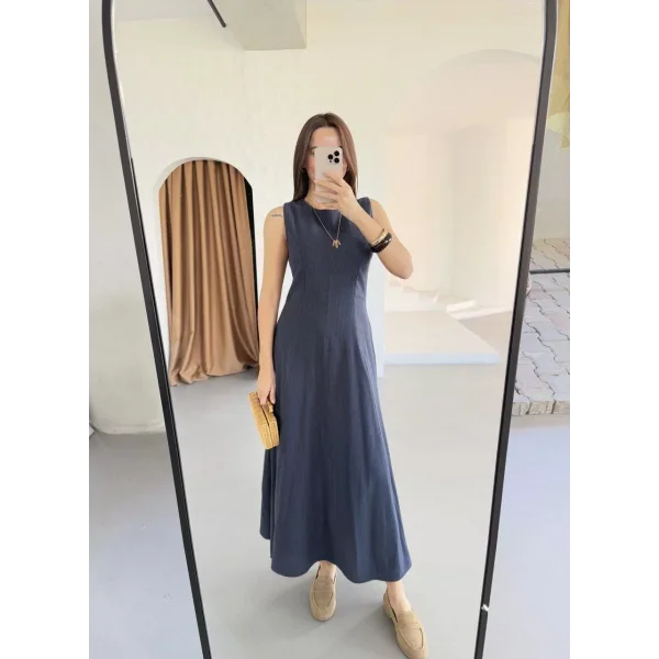 Keten Kolsuz Uzun Sırtı Kapalı Bisiklet Yaka Elbise- Mavi