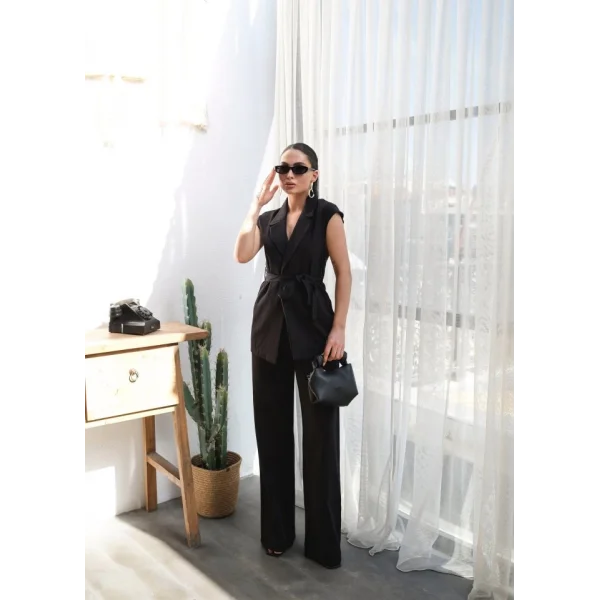 Keten Kuşakli Yelek Ve Pantolon İki̇li̇ Takim