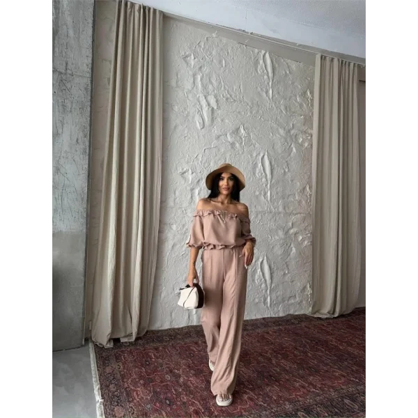 KETEN MADONNA YAKA KOL HASIR ŞERİT - PANTOLON TAKIM - Kahverengi