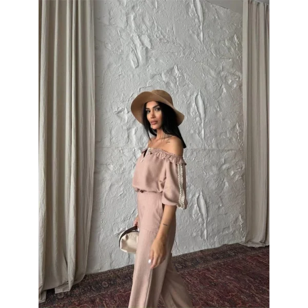 KETEN MADONNA YAKA KOL HASIR ŞERİT - PANTOLON TAKIM - Kahverengi