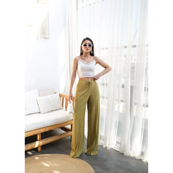 Keten Önü Çapraz Parçali Lasti̇kli̇ Ve Bağcikli Geni̇ş Paça Pantolon