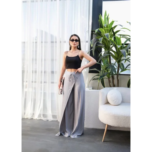 Keten Önü Çapraz Parçali Lasti̇kli̇ Ve Bağcikli Geni̇ş Paça Pantolon