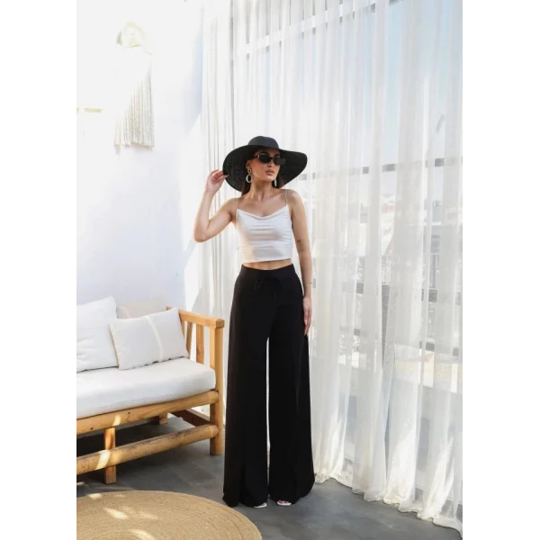 Keten Önü Çapraz Parçali Lasti̇kli̇ Ve Bağcikli Geni̇ş Paça Pantolon