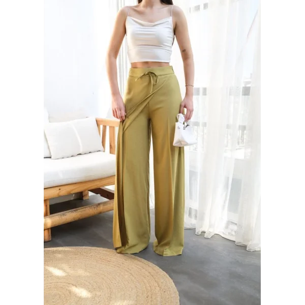 Keten Önü Çapraz Parçali Lasti̇kli̇ Ve Bağcikli Geni̇ş Paça Pantolon