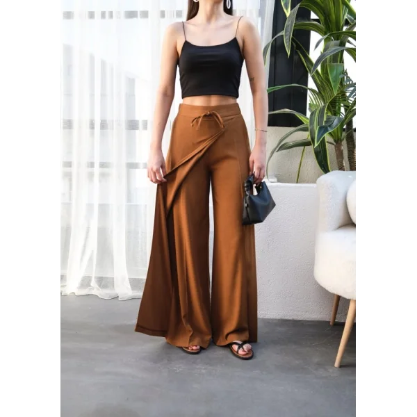 Keten Önü Çapraz Parçali Lasti̇kli̇ Ve Bağcikli Geni̇ş Paça Pantolon