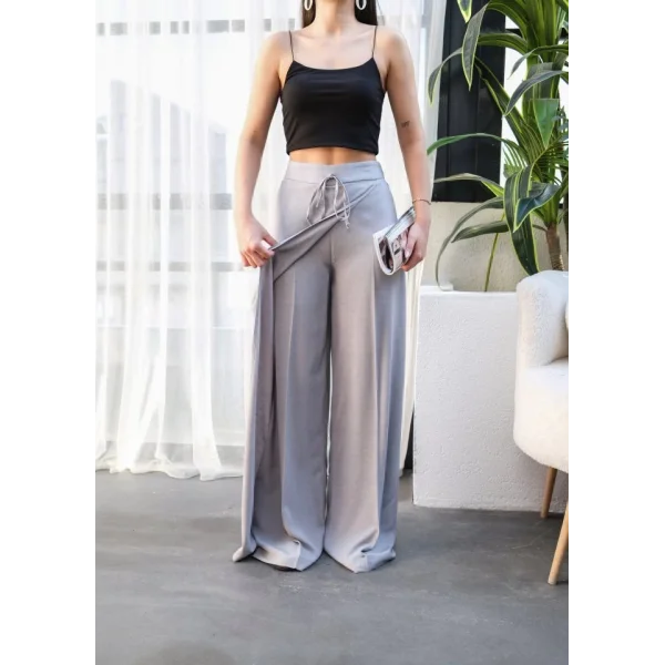 Keten Önü Çapraz Parçali Lasti̇kli̇ Ve Bağcikli Geni̇ş Paça Pantolon