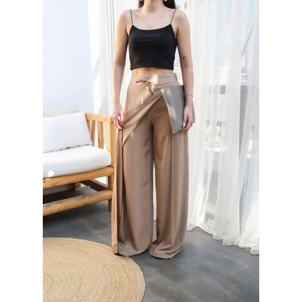 Keten Önü Çapraz Parçali Lasti̇kli̇ Ve Bağcikli Geni̇ş Paça Pantolon