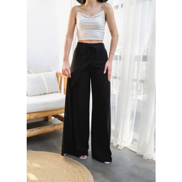 Keten Önü Çapraz Parçali Lasti̇kli̇ Ve Bağcikli Geni̇ş Paça Pantolon