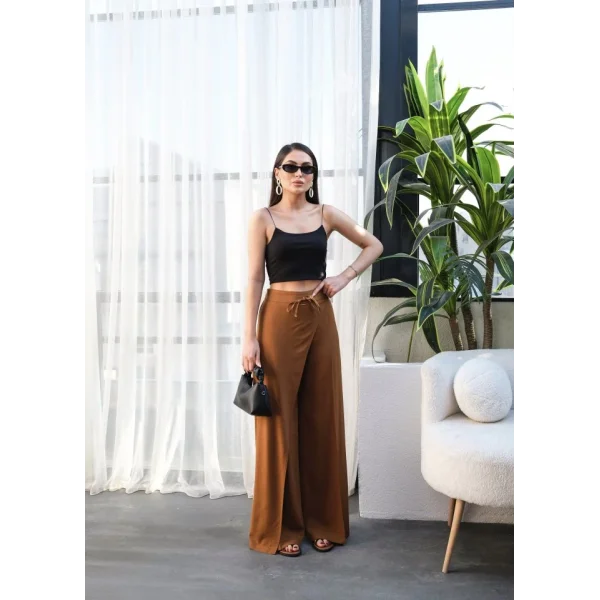 Keten Önü Çapraz Parçali Lasti̇kli̇ Ve Bağcikli Geni̇ş Paça Pantolon