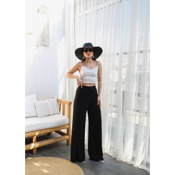 Keten Önü Çapraz Parçali Lasti̇kli̇ Ve Bağcikli Geni̇ş Paça Pantolon