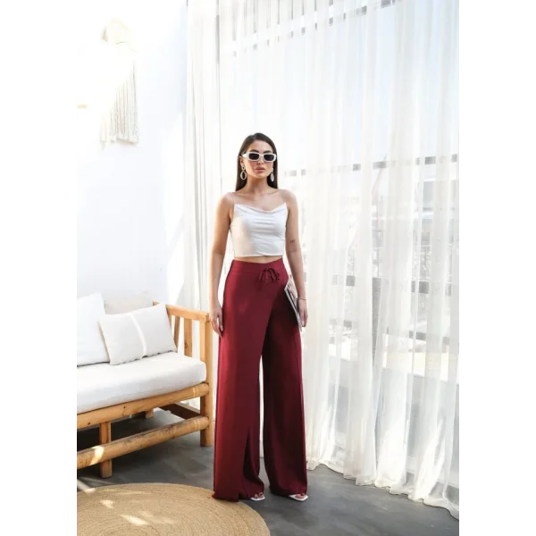 Keten Önü Çapraz Parçali Lasti̇kli̇ Ve Bağcikli Geni̇ş Paça Pantolon