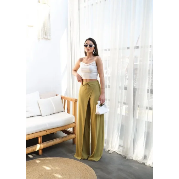 Keten Önü Çapraz Parçali Lasti̇kli̇ Ve Bağcikli Geni̇ş Paça Pantolon