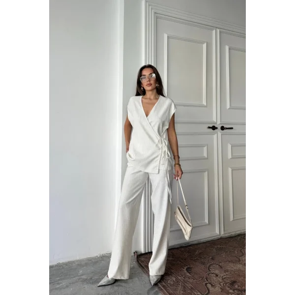 KETEN PULLU KRUVAZE BAĞLAMALI BLUZ - PANTOLON TAKIM - Ham