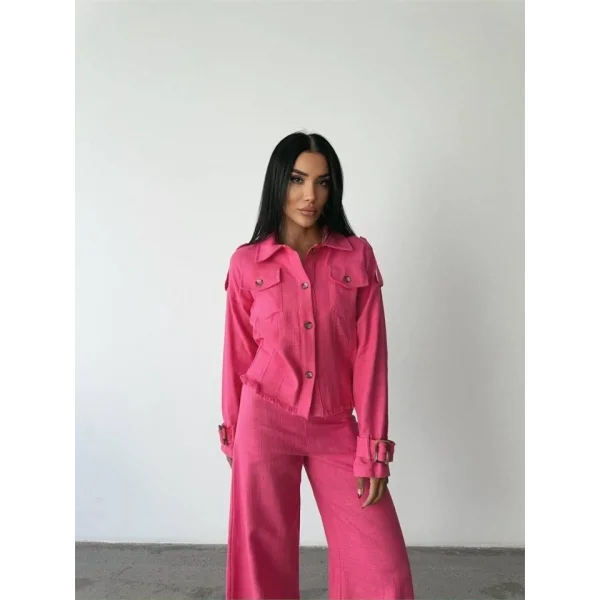KETEN PÜSKÜL DETAYLI GÖMLEK-PANTOLON TAKIM - Fuşya