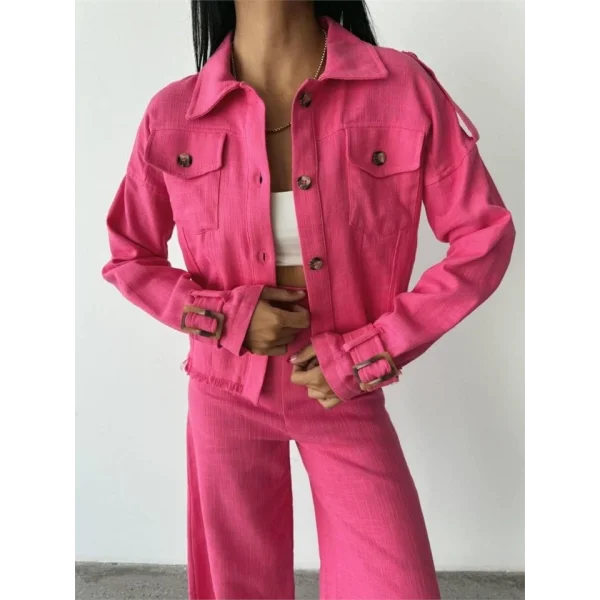 KETEN PÜSKÜL DETAYLI GÖMLEK-PANTOLON TAKIM - Fuşya