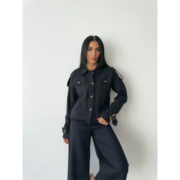 KETEN PÜSKÜL DETAYLI GÖMLEK-PANTOLON TAKIM - Siyah