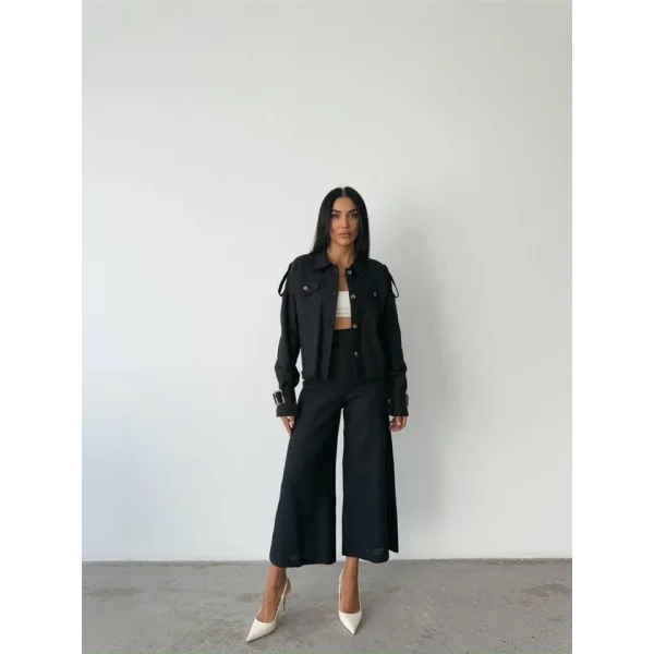 KETEN PÜSKÜL DETAYLI GÖMLEK-PANTOLON TAKIM - Siyah