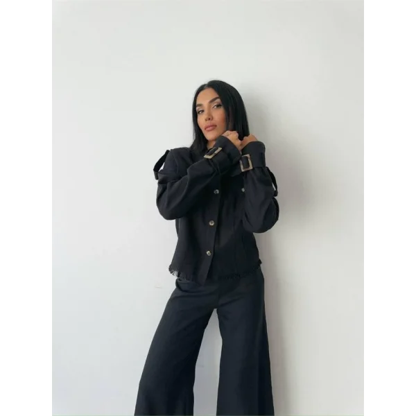 KETEN PÜSKÜL DETAYLI GÖMLEK-PANTOLON TAKIM - Siyah