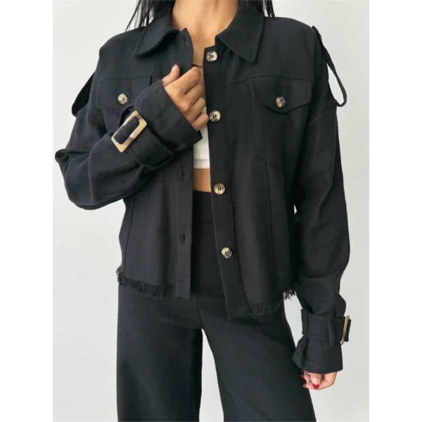 KETEN PÜSKÜL DETAYLI GÖMLEK-PANTOLON TAKIM - Siyah