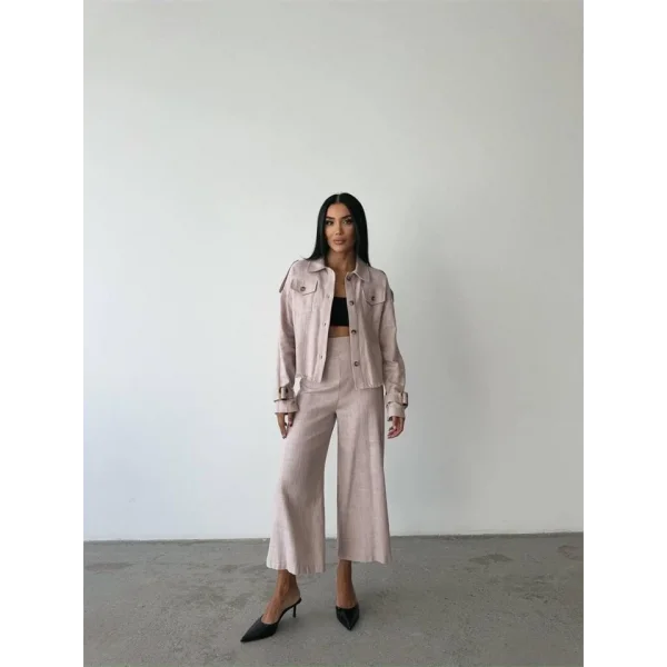 KETEN PÜSKÜL DETAYLI GÖMLEK-PANTOLON TAKIM - Vizon