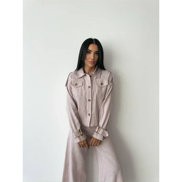 KETEN PÜSKÜL DETAYLI GÖMLEK-PANTOLON TAKIM - Vizon