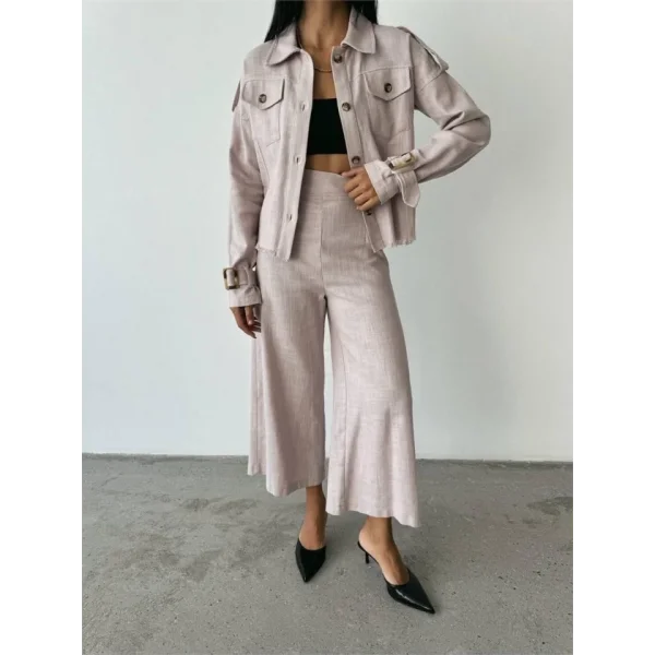 KETEN PÜSKÜL DETAYLI GÖMLEK-PANTOLON TAKIM - Vizon