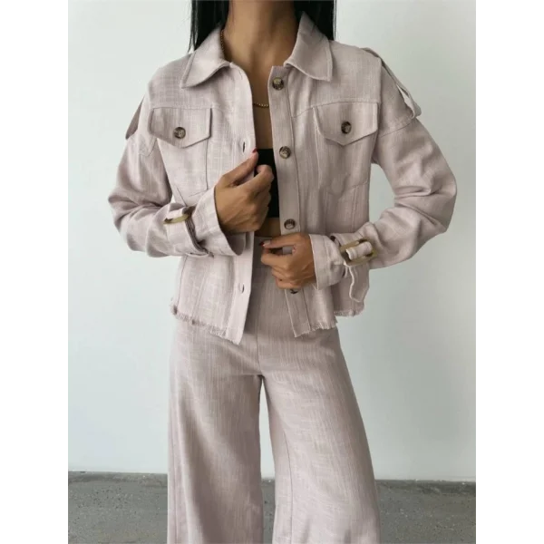 KETEN PÜSKÜL DETAYLI GÖMLEK-PANTOLON TAKIM - Vizon