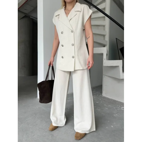 Keten Sıfır Kol Blezer Ceket Pantolon Ikili Takım- Beyaz