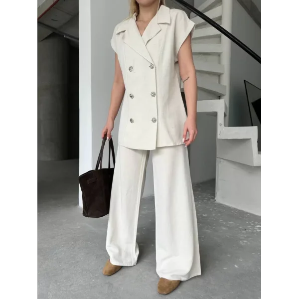 Keten Sıfır Kol Blezer Ceket Pantolon ikili Takım- Beyaz