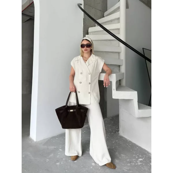 Keten Sıfır Kol Blezer Ceket Pantolon ikili Takım- Beyaz